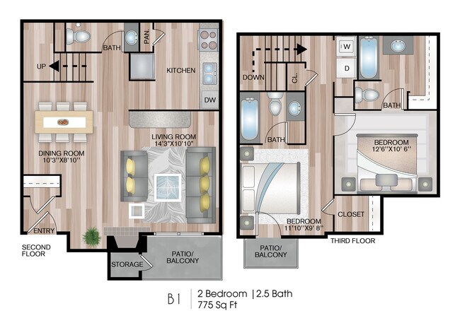 2 Beds • 1 Bath 1729G floor plan