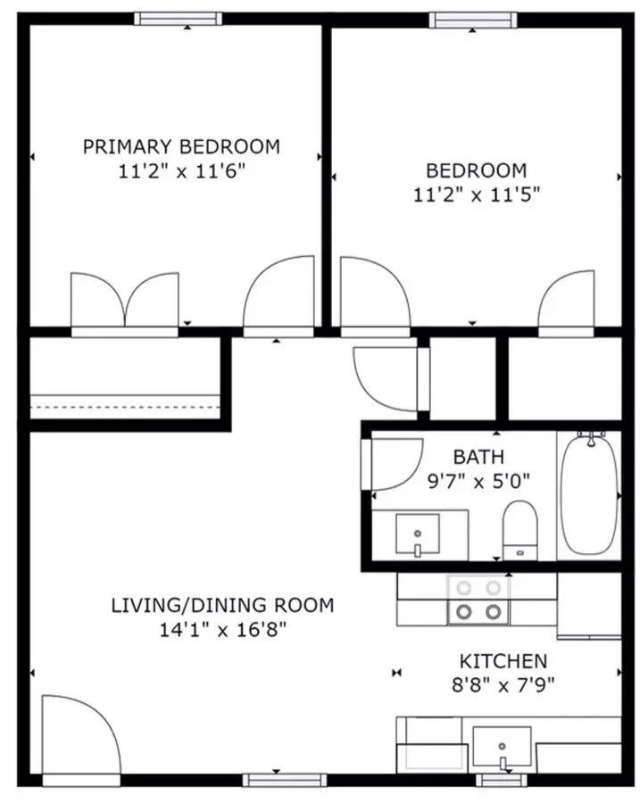 2 bed 1 bath floor plan