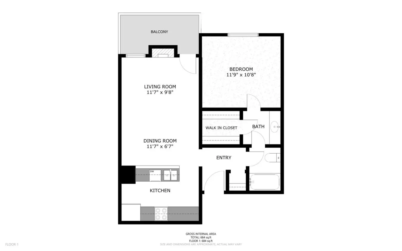 1 Bed • 1 Bath 160 floor plan