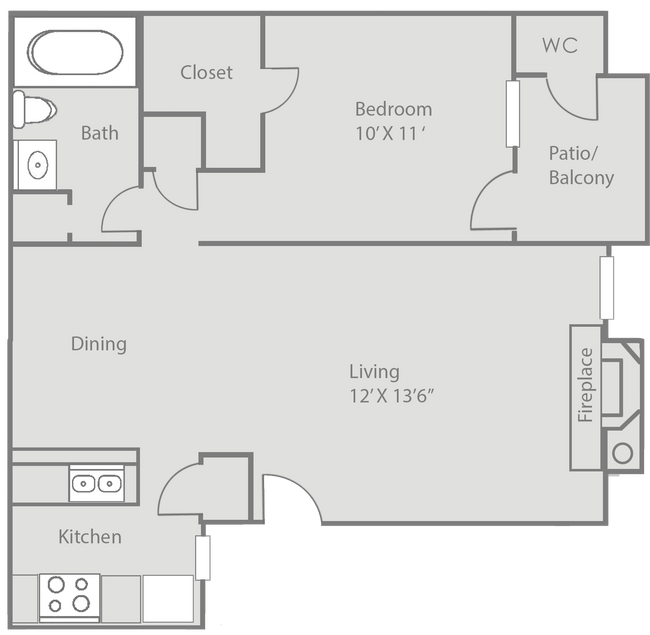 1 Bed • 1 Bath 1-0423 floor plan
