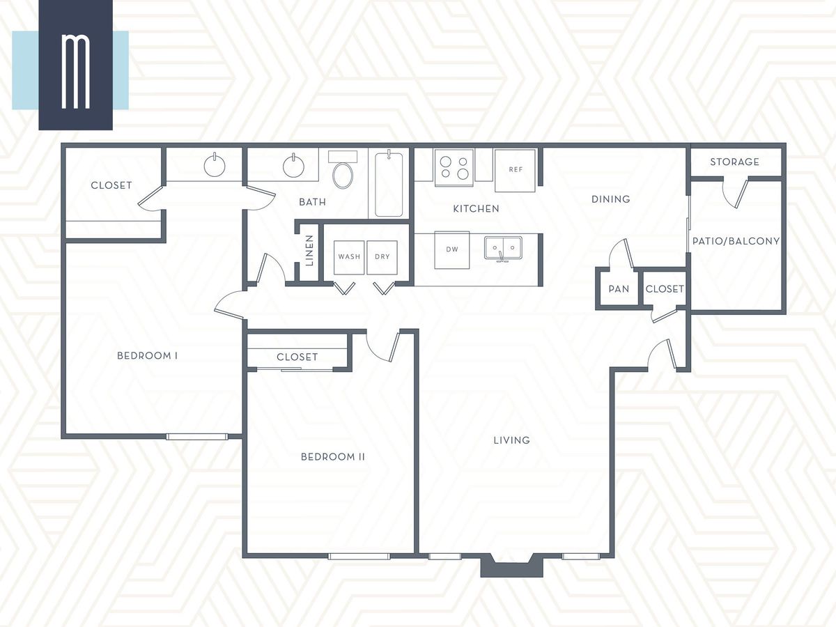Two Bed One Bath 995 Sqft 1623-H floor plan