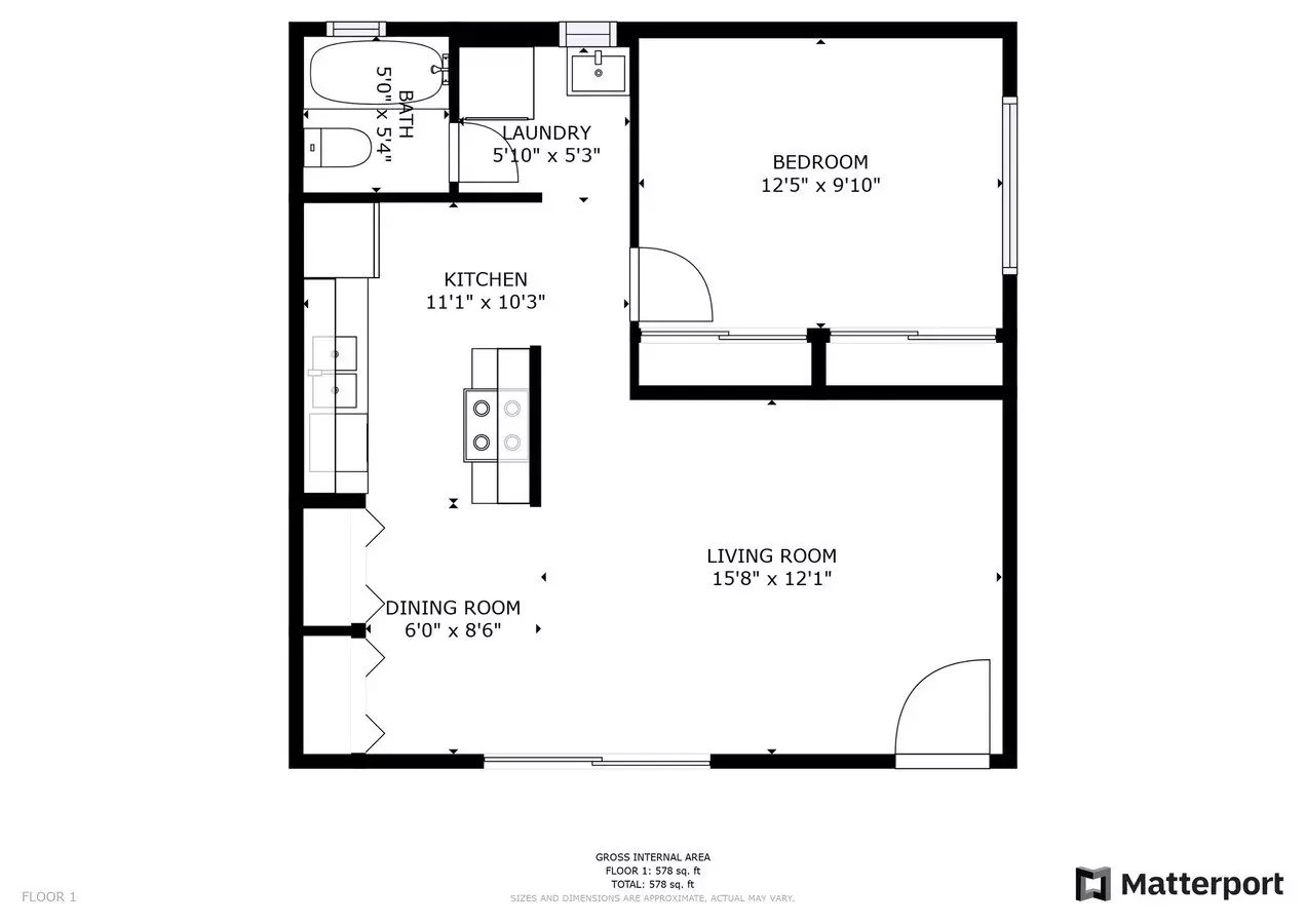 1 Bed x 1 Bath floor plan