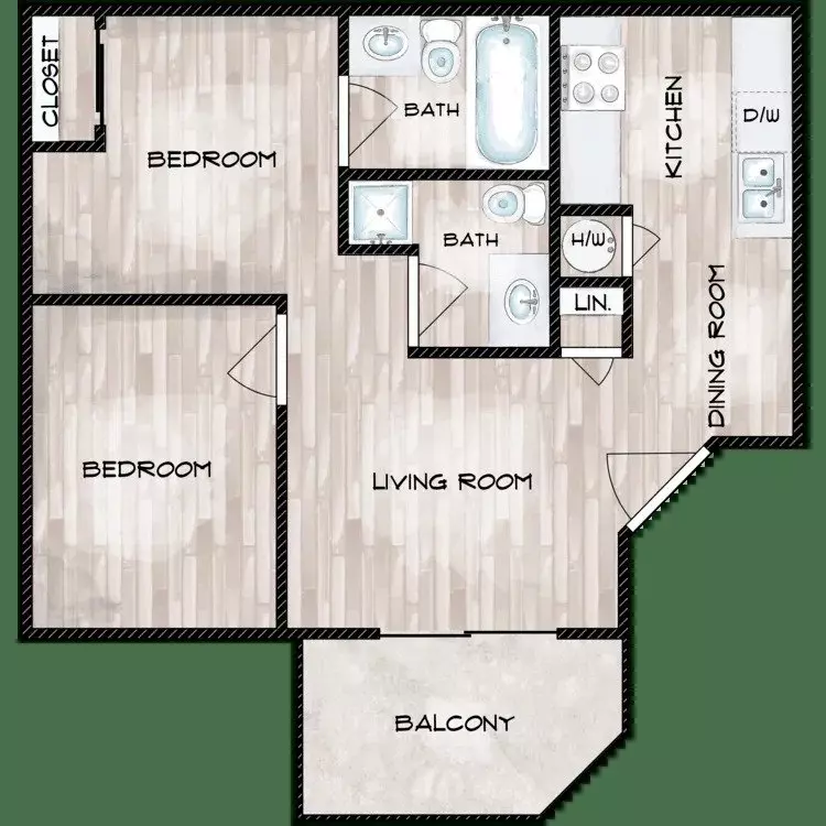 2 Beds • 2 Bath floor plan