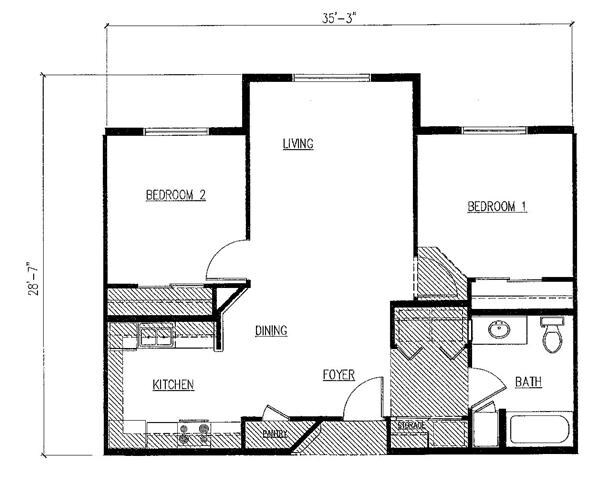 2BR/1BA floor plan