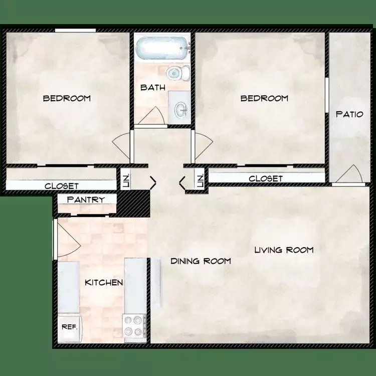 2 Beds • 1 Bath floor plan