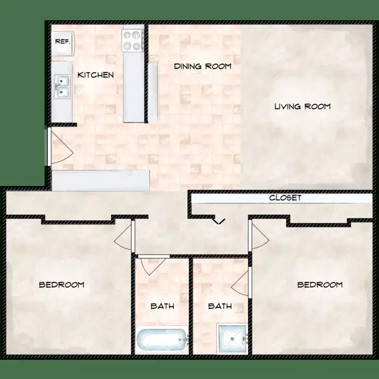 2 Beds • 2 Bath floor plan