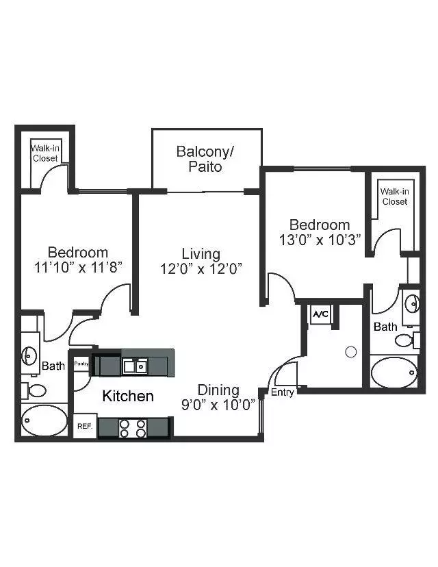 2 Beds • 2 Bath 1823 floor plan