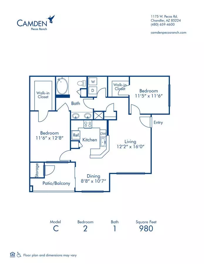 2 Beds • 1 Bath 2036 floor plan