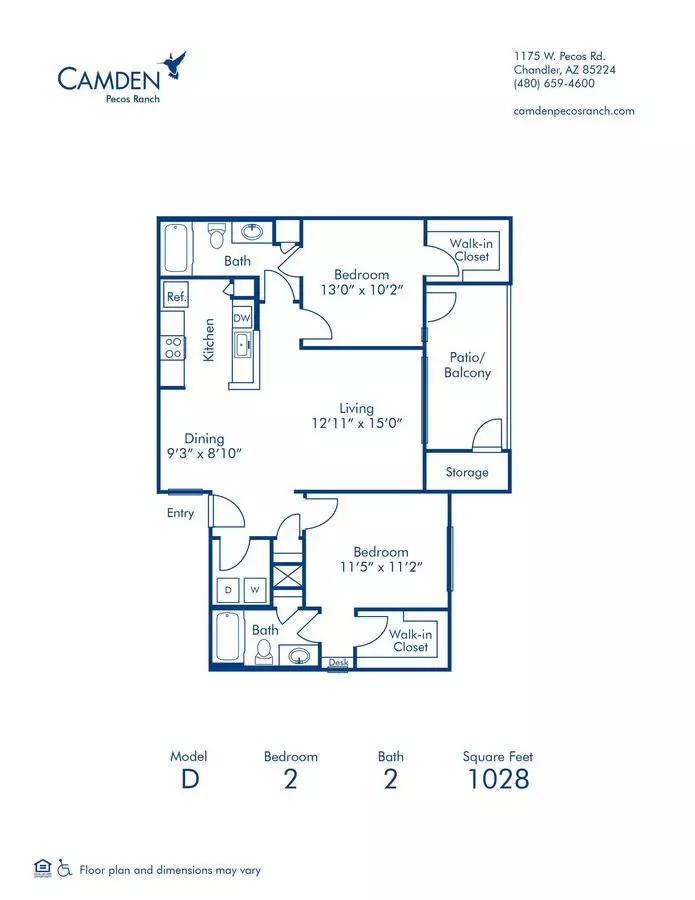 2 Beds • 2 Bath 1078 floor plan