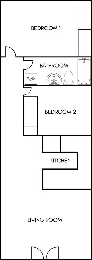 2 Beds, 1 Bath Model floor plan