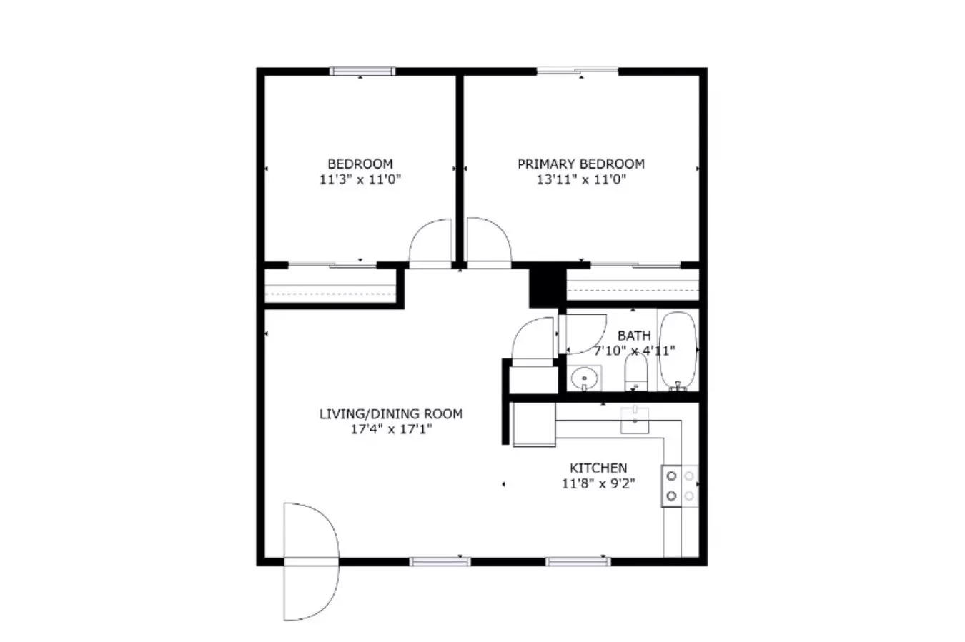 2BR/1BA 6-1 floor plan