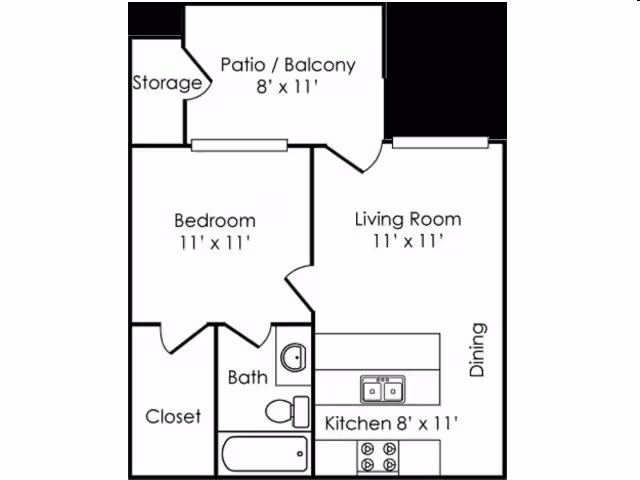 1 Bed • 1 Bath 2044A floor plan