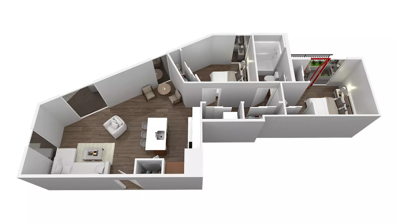 2BR/1BA floor plan
