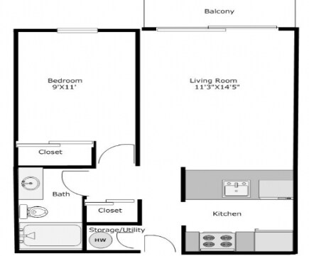 1BR/1.0BA 26 floor plan