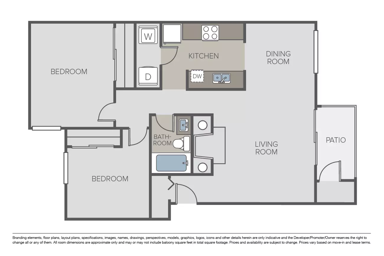 2 Bed 1 Bath 01D203 floor plan