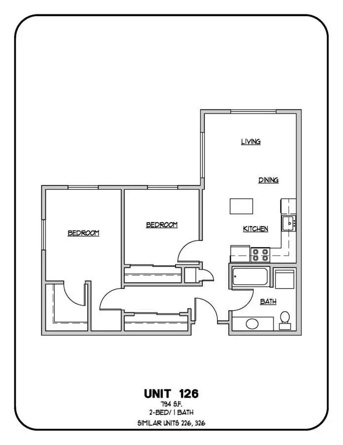 2 Bed 1 Bath 326 floor plan