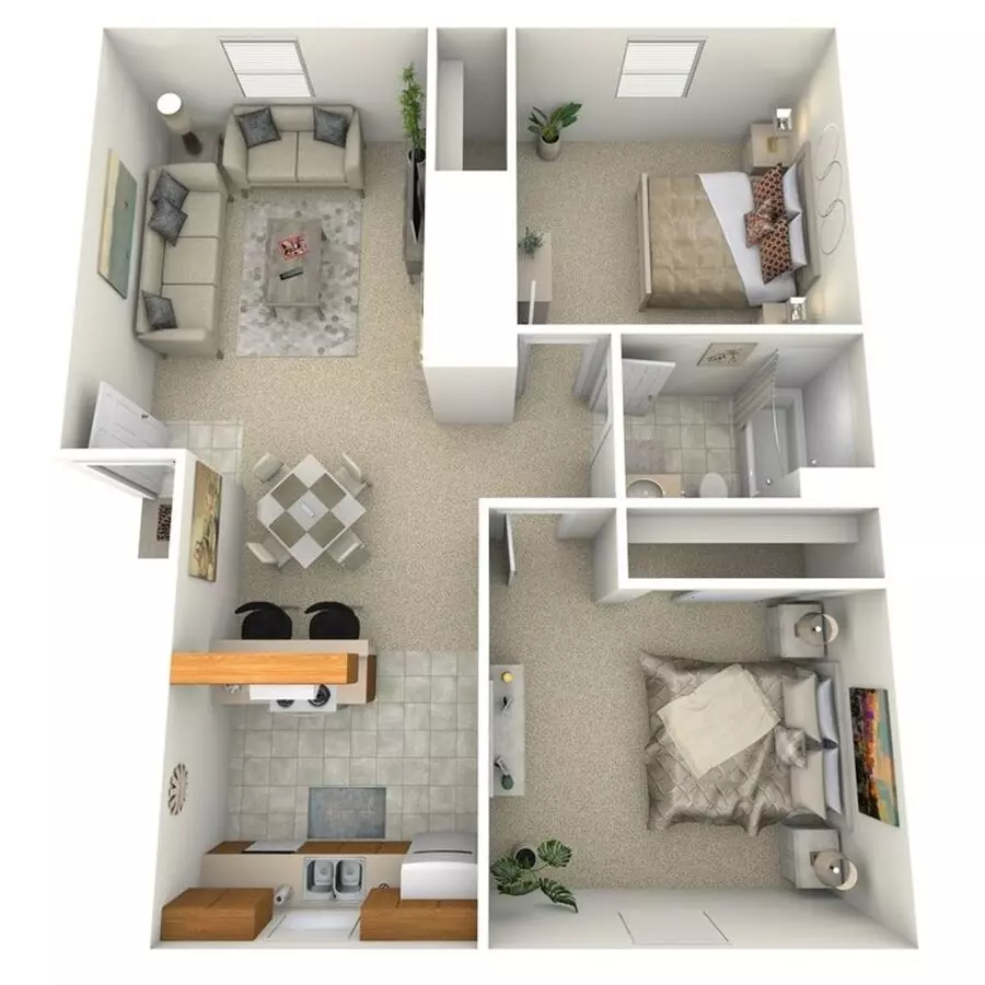 2BR/1BA floor plan
