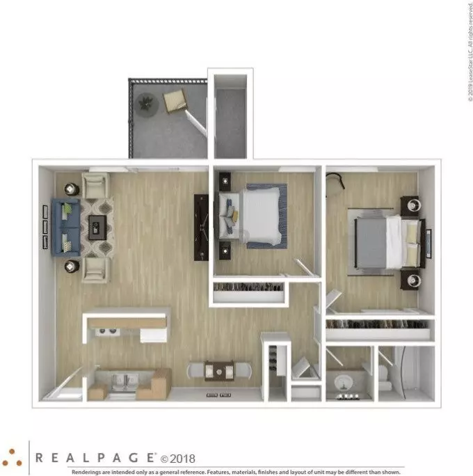 2 Beds, 1 Bath Model floor plan