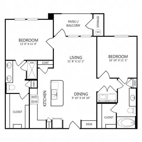 2 Beds • 2 Bath WAITOCB1 floor plan