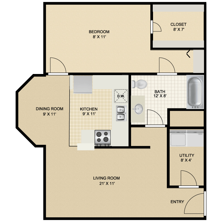 1 Bed • 1 Bath - floor plan