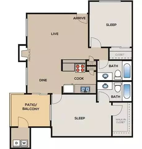 2 Beds • 2 Bath 0432 floor plan