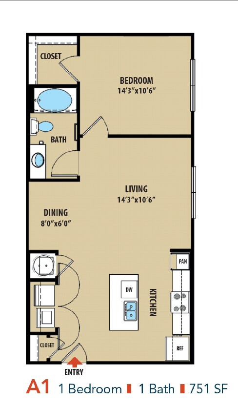 1 Bed • 1 Bath floor plan