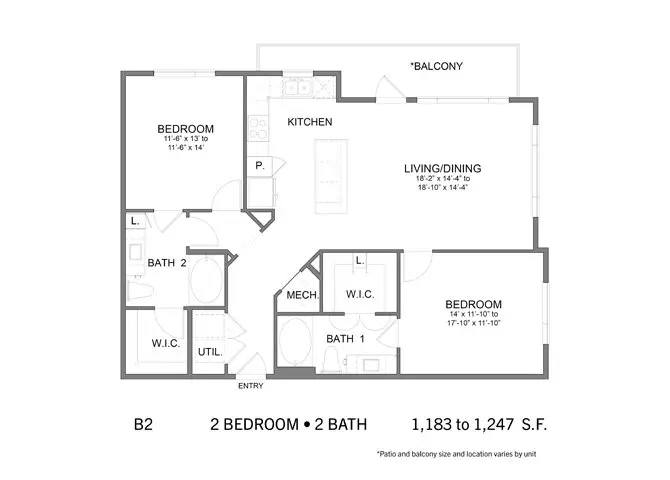 2 Beds • 1 Bath - floor plan