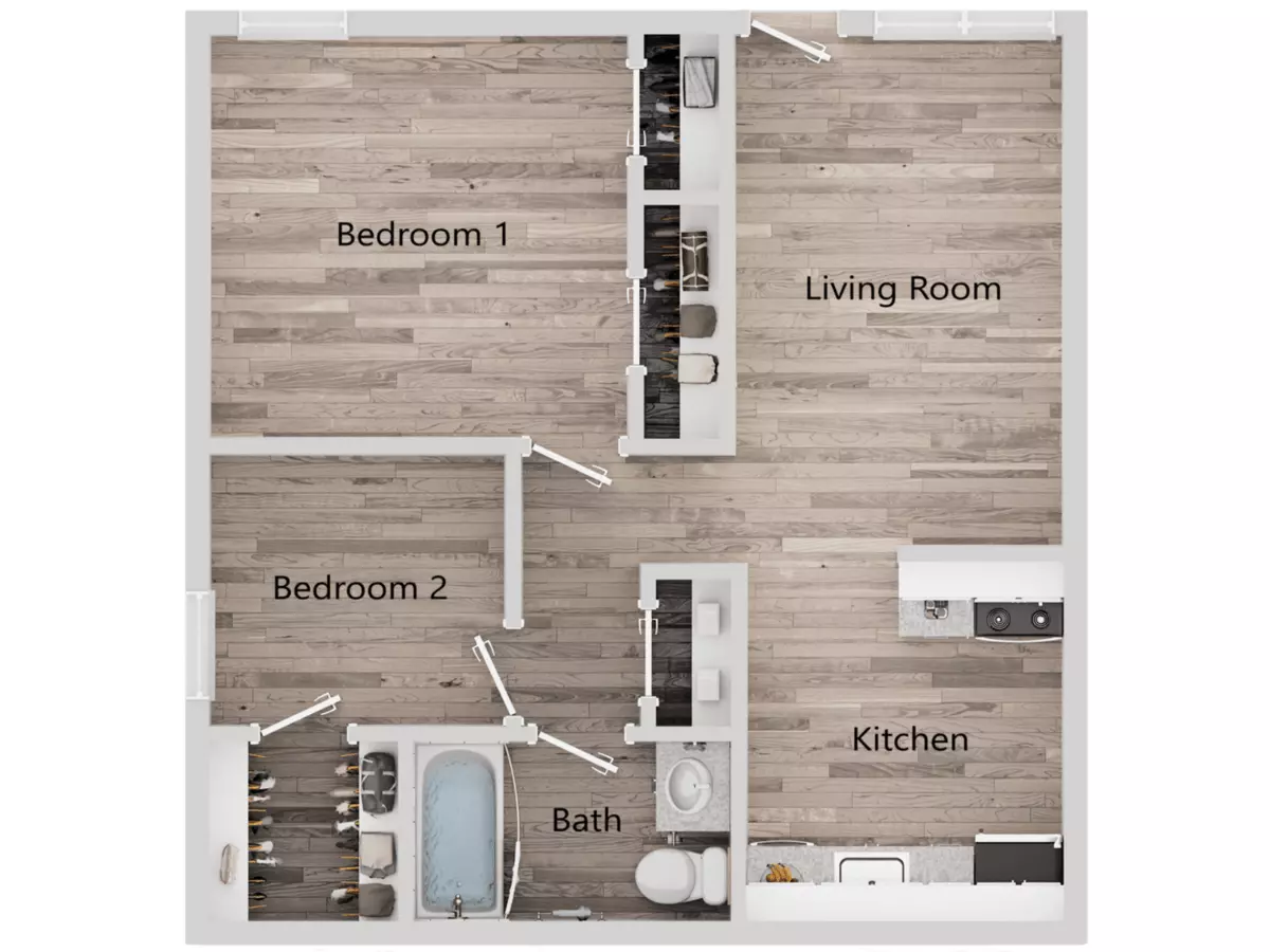 2 Beds • 1 Bath 579F floor plan