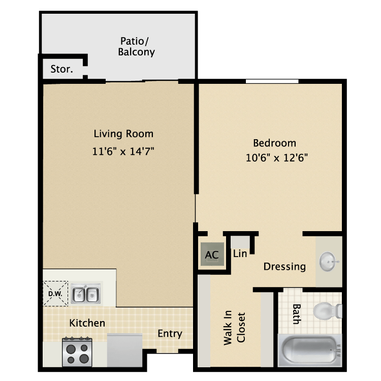 1 Bed • 1 Bath Mahogany floor plan