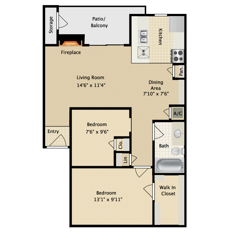 2 Beds • 1 Bath Pecan floor plan
