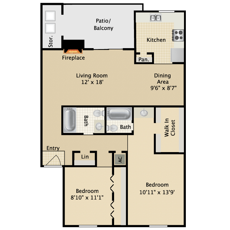 2 Beds • 2 Bath Rosewood floor plan