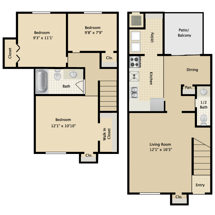 3 Beds • 1 Bath Magnolia floor plan