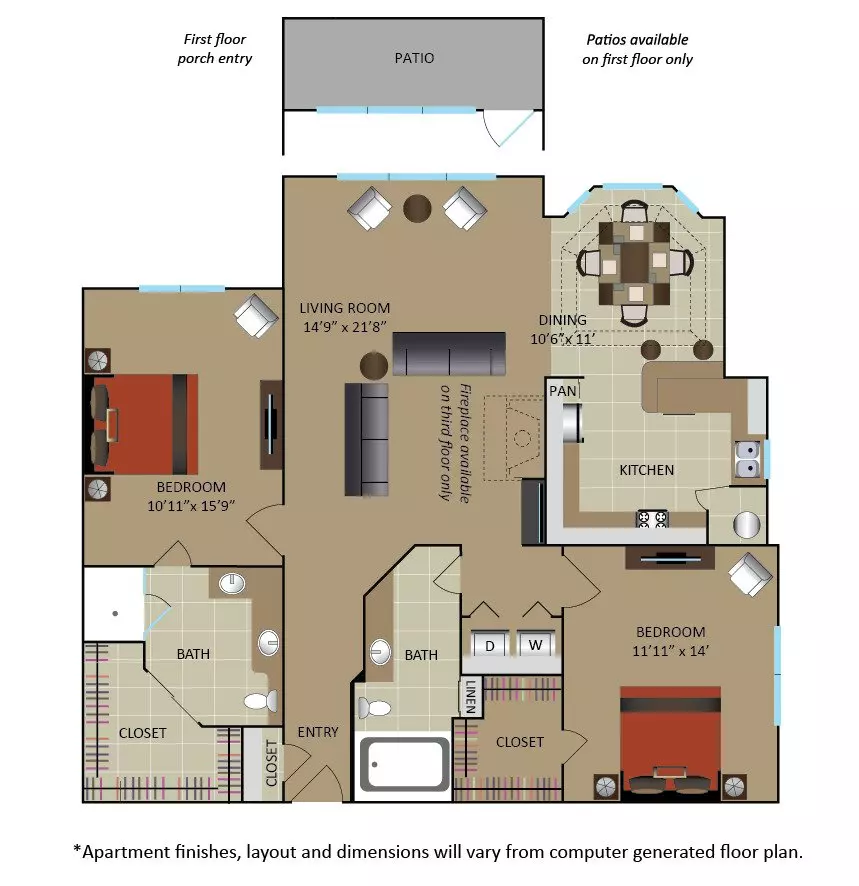 2 Beds • 2 Bath 01201 floor plan