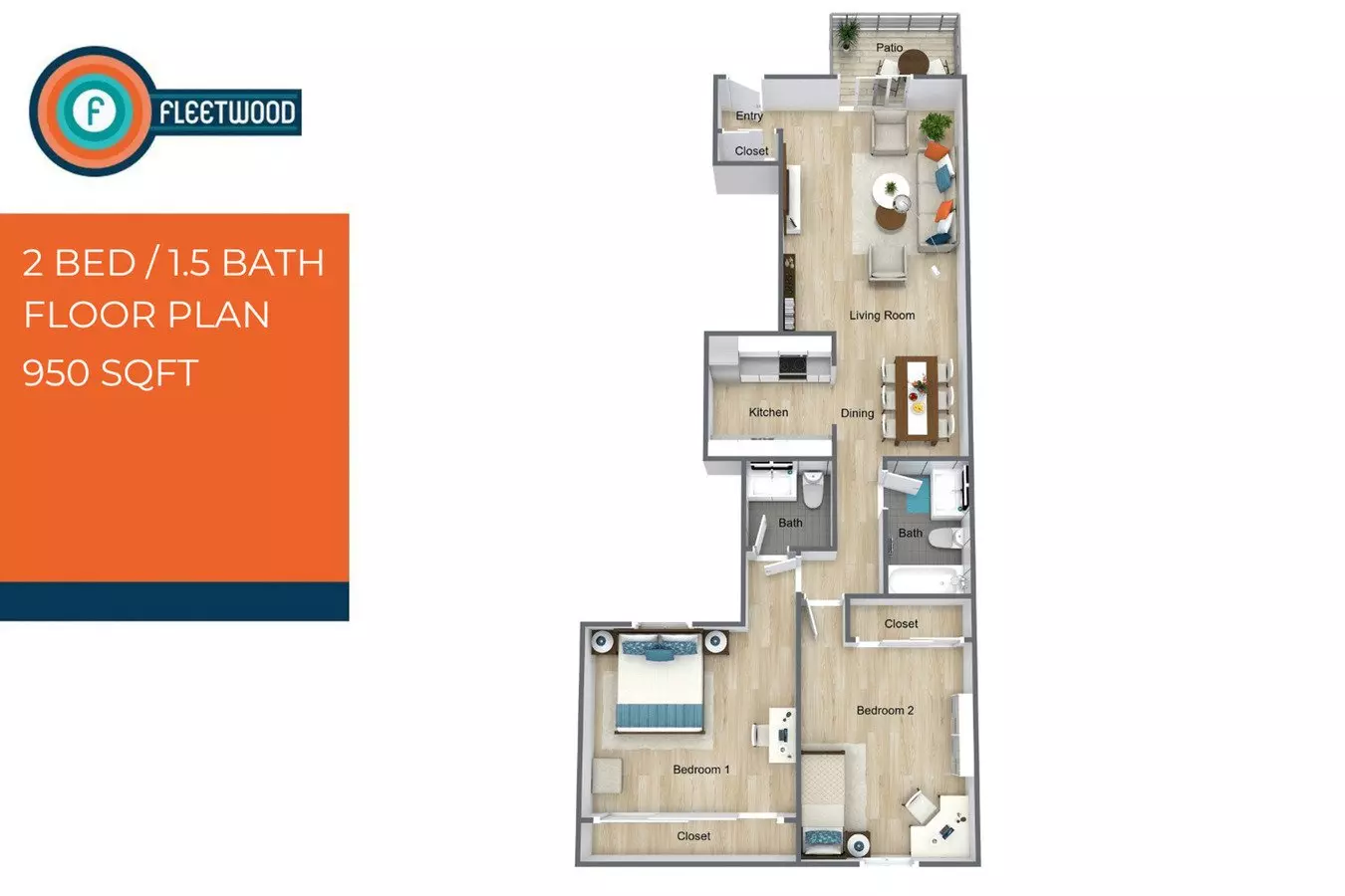 2 Beds • 1 Bath 58 floor plan