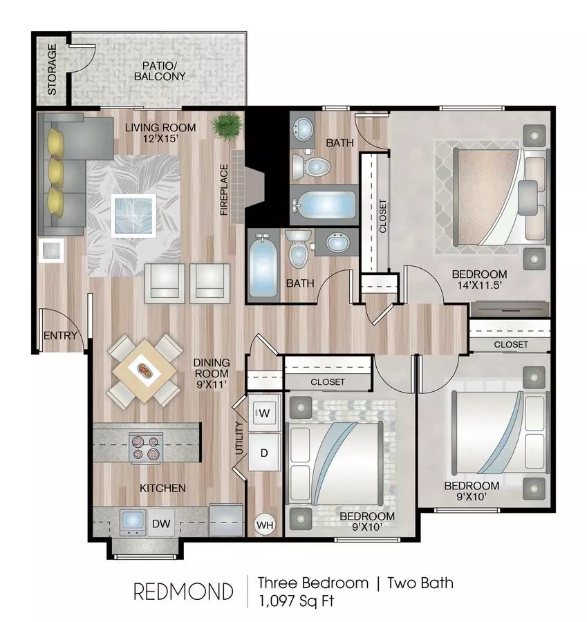 3 Beds • 2 Bath J304 floor plan