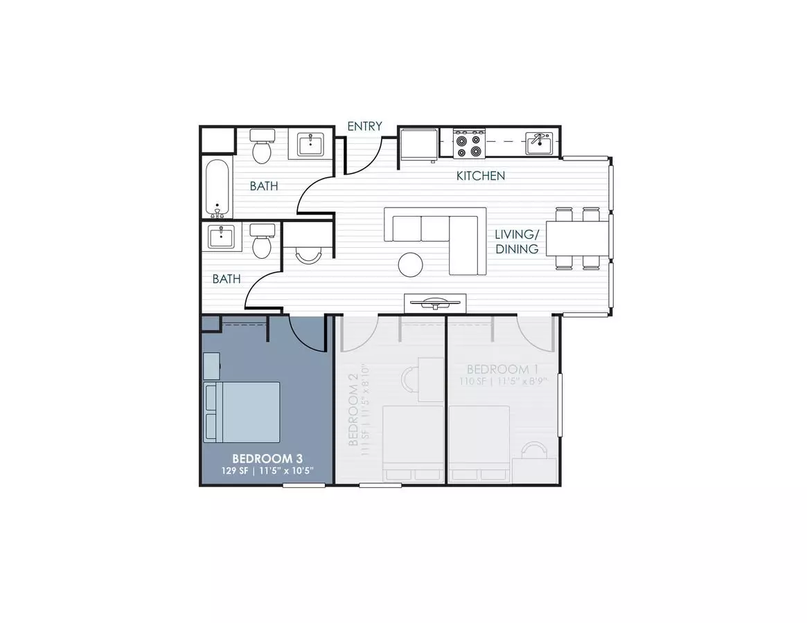 4-Bedroom CoLiving Rowhome: Bedroom 2 & Shared ... 205-2 floor plan