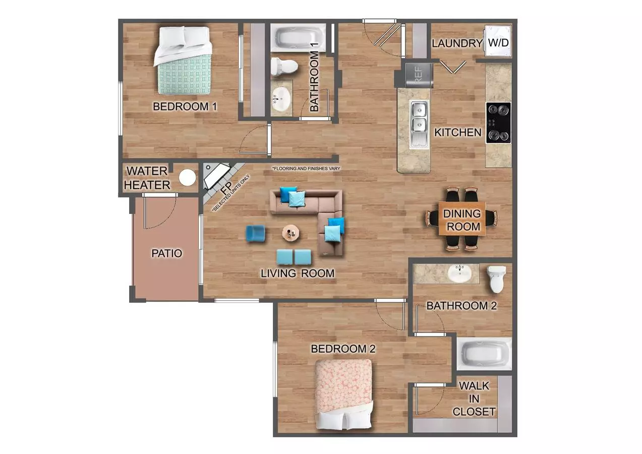 2 bd · 2 ba · 1,102 sqft floor plan