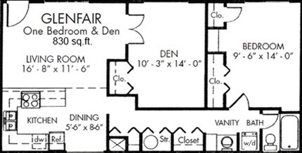 Glenfair 1 bd 830 floor plan