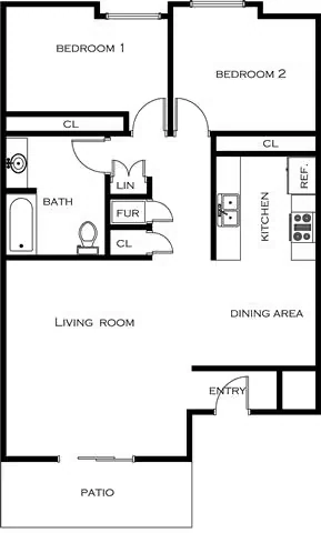 2 Bed 1 Bath floor plan