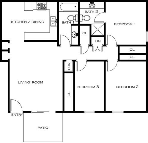 3 Bed 2 Bath floor plan