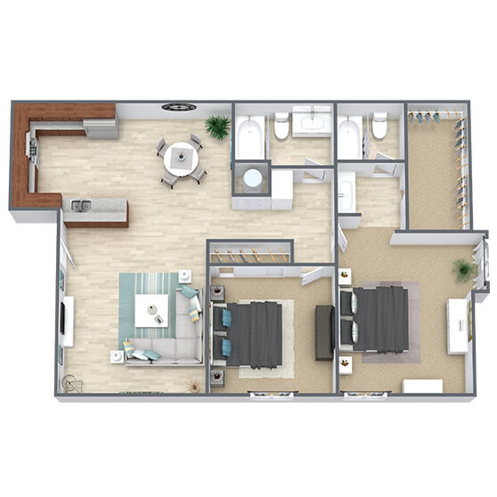 2 Bed • 2 Bath (A) 1006 floor plan