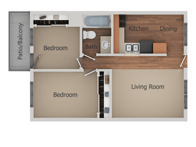 2 Bedroom 1 Bath 278C floor plan