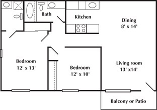 2 bed 2 Bath 728 00O-279 floor plan