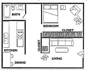 1 Bed 1 Bath 1-11 floor plan