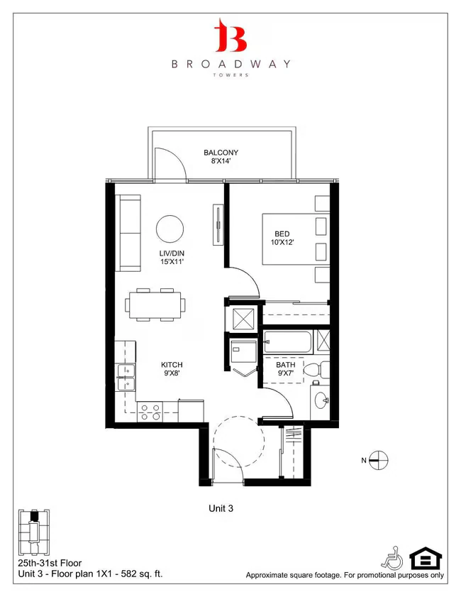 Broadway 3 1x1 3103 floor plan