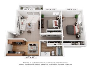 2 Bedroom 1 Bath AUCTHQ floor plan