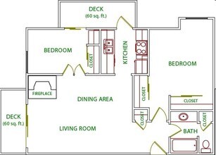 2 Beds, 1 Bath Model floor plan