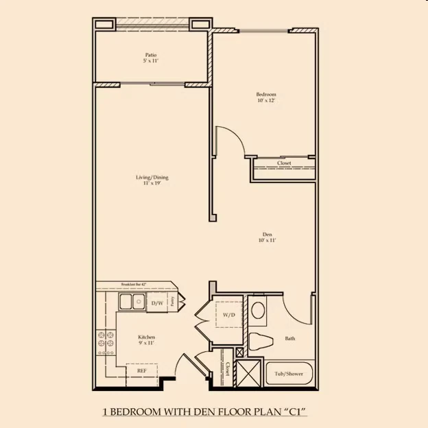 1BR + Den 327 floor plan