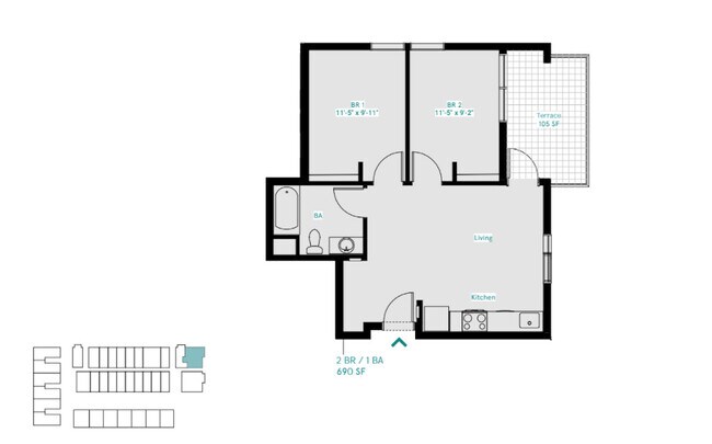 2-Bedroom 1-Bathroom Traditional Unit 601 floor plan