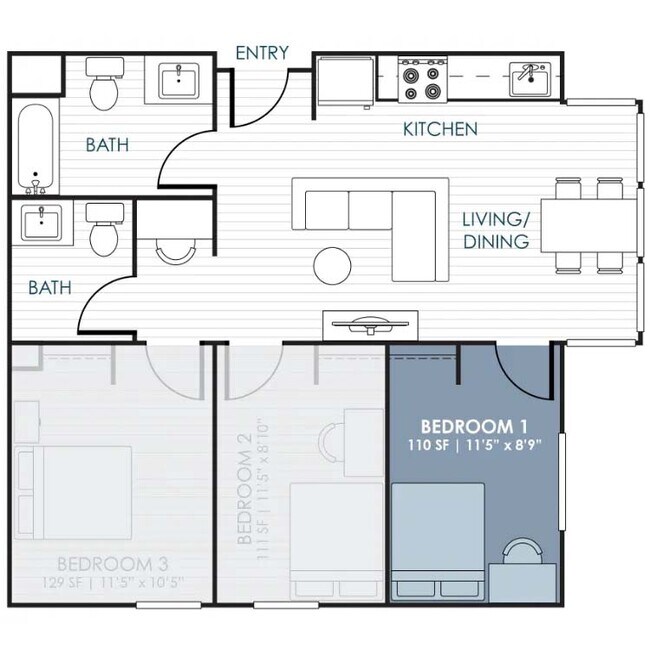 3-Bedroom 1.5-Bathroom Traditional Suite 522 floor plan